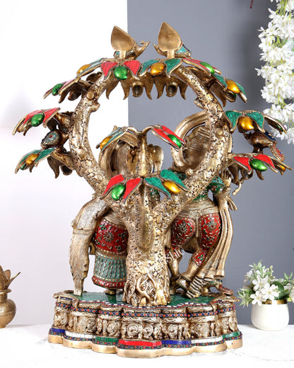 Premium Pure Brass Radha Krishna under Vrindavan Tree with Meenakari Stonework – Grand Handcrafted Temple Sculpture 30 inch tall