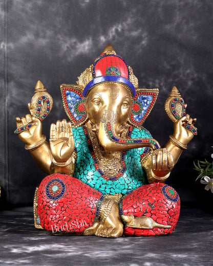 Brass Superfine Ganesha Statue with Stonework – 13.5 Inch