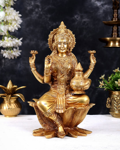 Pure Brass Goddess Dhan Lakshmi on lotus Idol - 12 inch