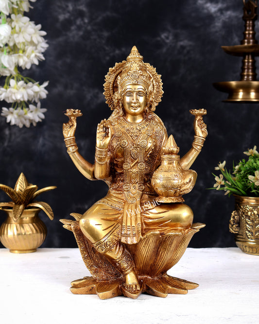Pure Brass Goddess Dhan Lakshmi on lotus Idol - 12 inch