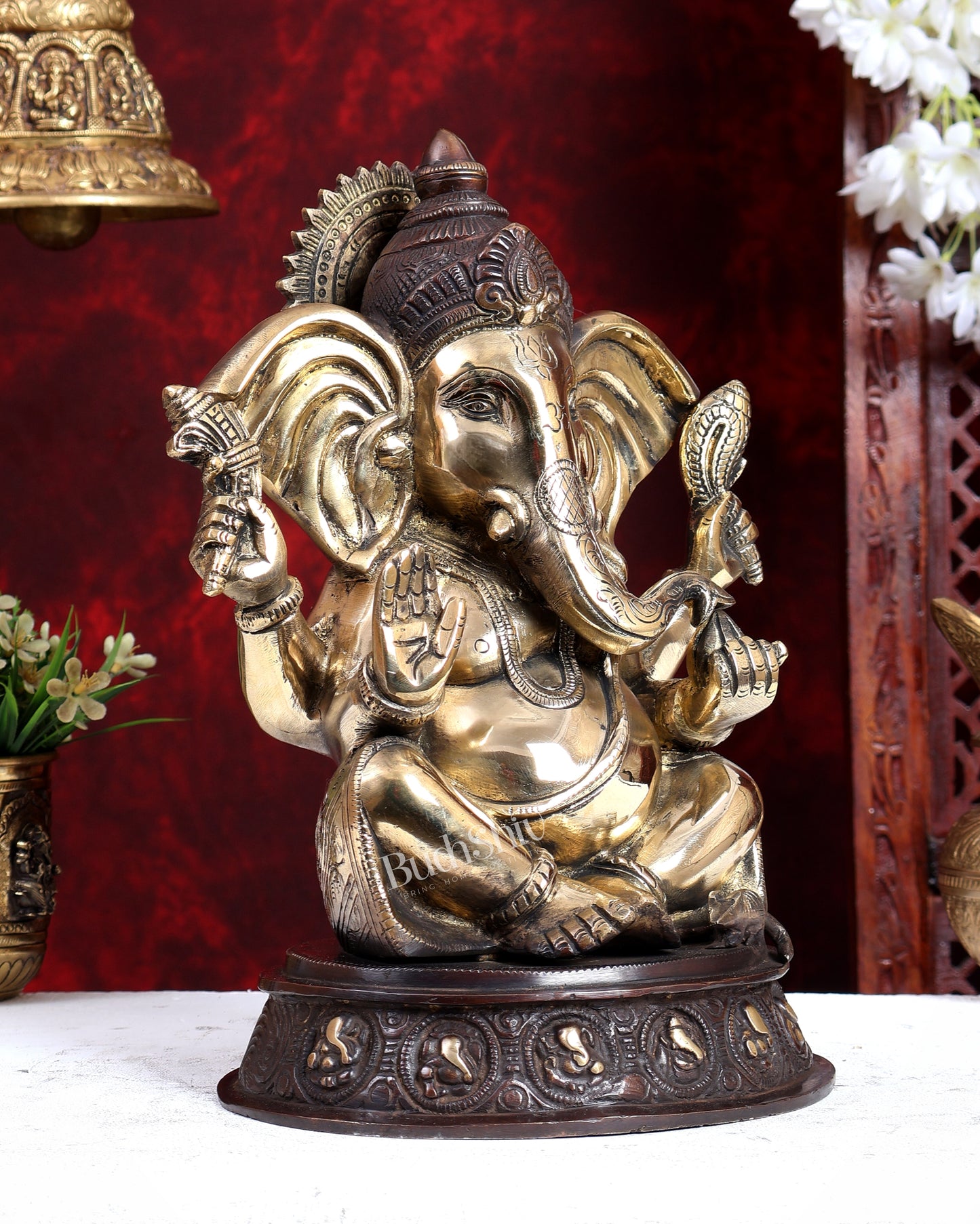 Unique Brass Handcrafted Ganesha with Ashtavinayaka Carvings – Dual Tone Finish 12 inch