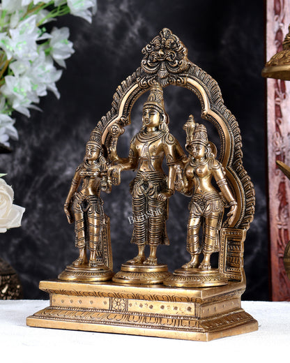 Brass Lord Vishnu with Bhudevi & Sridevi Idol with Ornate Frame – Handcrafted Divine Sculpture 10 inch