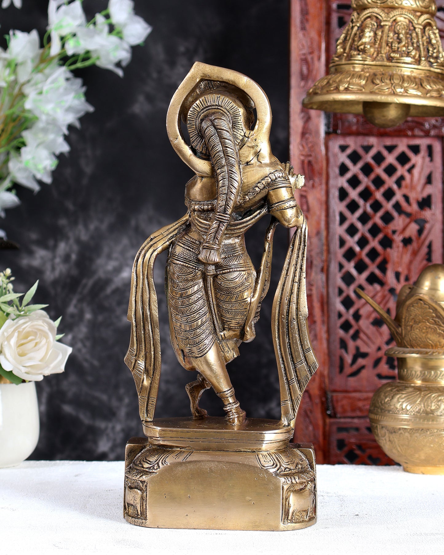 Unique Brass Lord Krishna Statue with Long Matted Hair – Handcrafted Divine Sculpture 12 inch