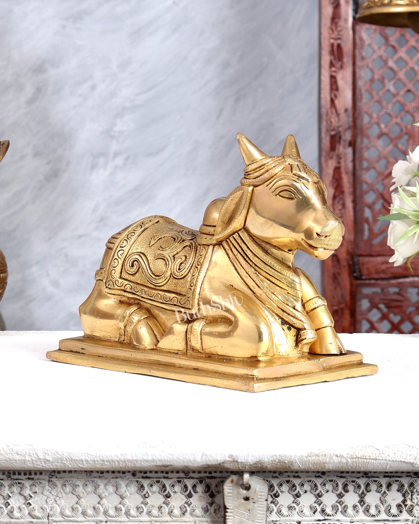 Brass Nandi with Om & Swastik Carvings – Intricately Handcrafted Sacred Bull Sculpture 8 inch