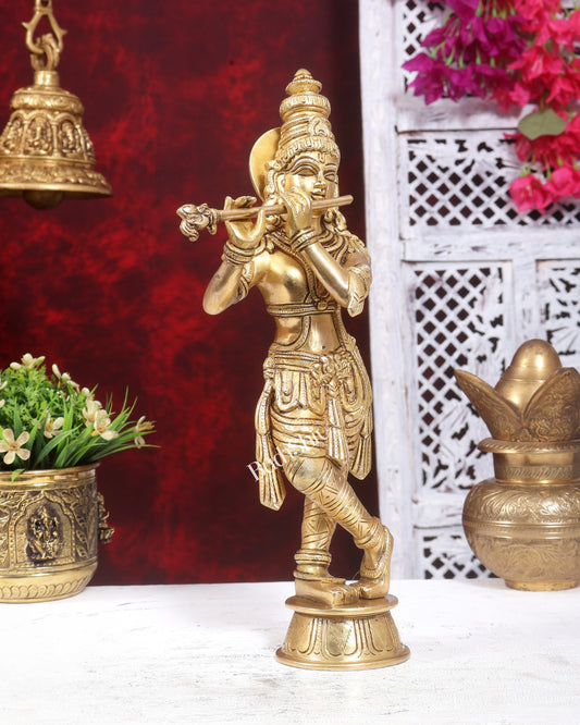Brass Govinda Krishna Statue | Sleek Kerala Handcrafted Sculpture 13.5 inch