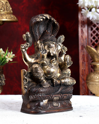 Unique Brass Lord Ganesha with Naag – Dual Tone Brown Gold Finish 8.6 inch