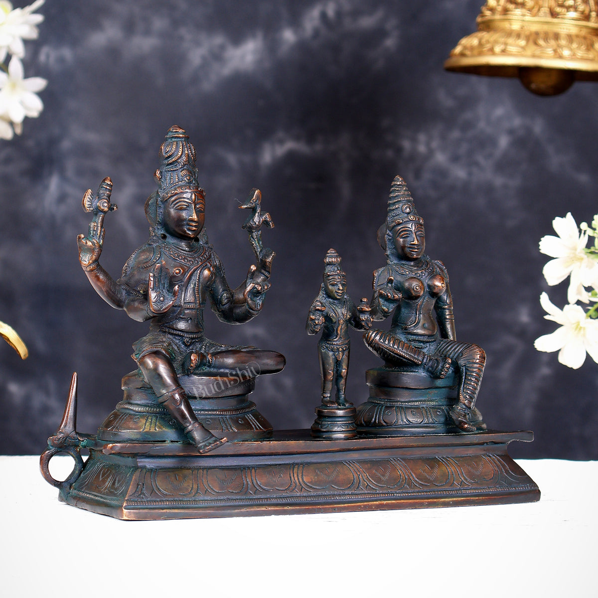 Brass Somaskanda Statue — Shiva, Parvati and Kartikeya Idol chola bronze tone 7 inch