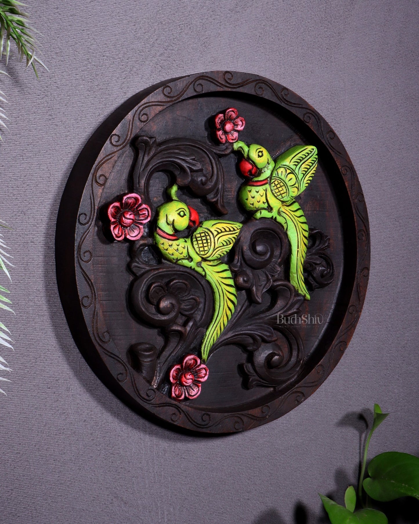 Round Wooden Parrots Wall Hanging – Handcrafted Decorative Wall Art - Budhshiv.com