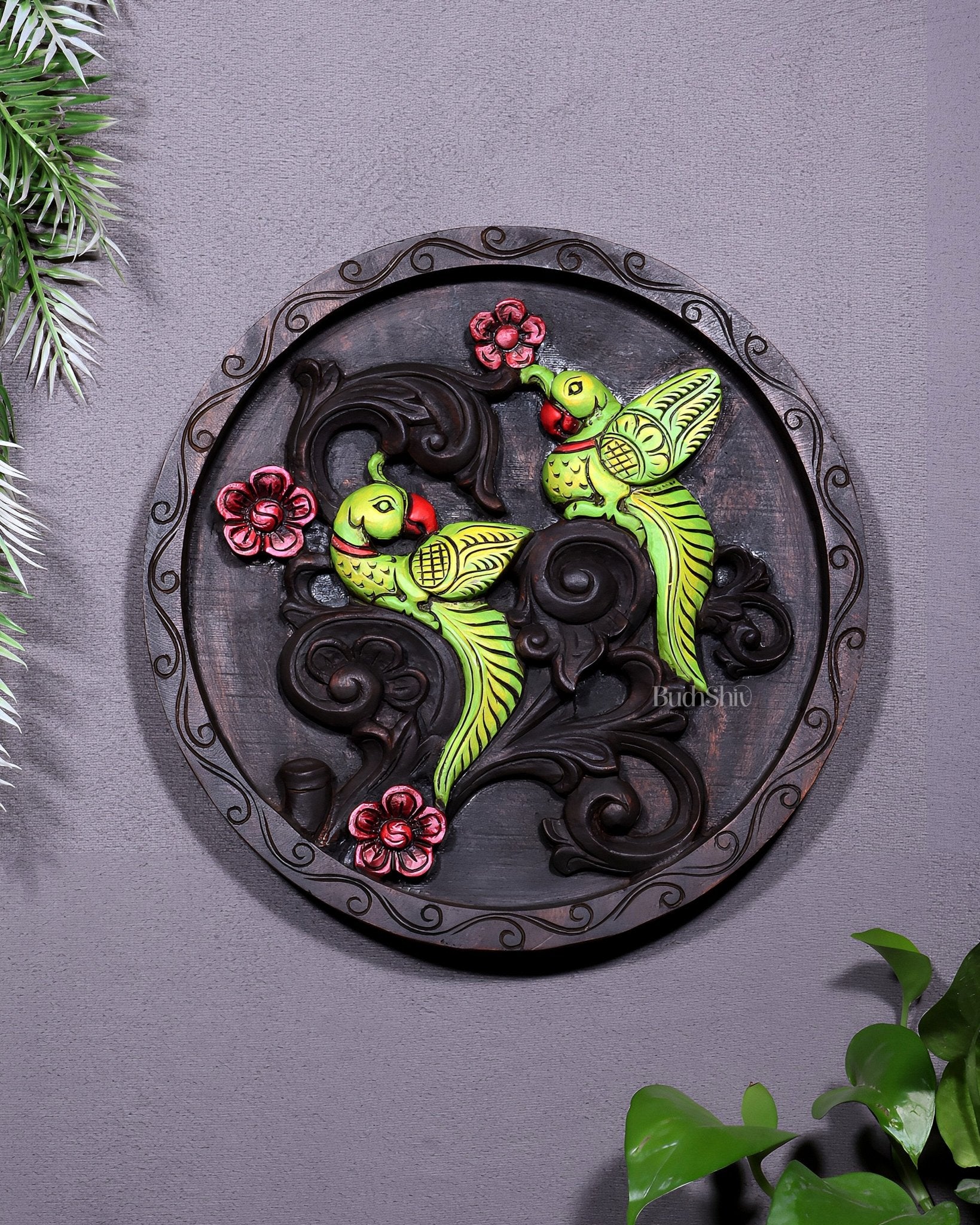 Round Wooden Parrots Wall Hanging – Handcrafted Decorative Wall Art - Budhshiv.com
