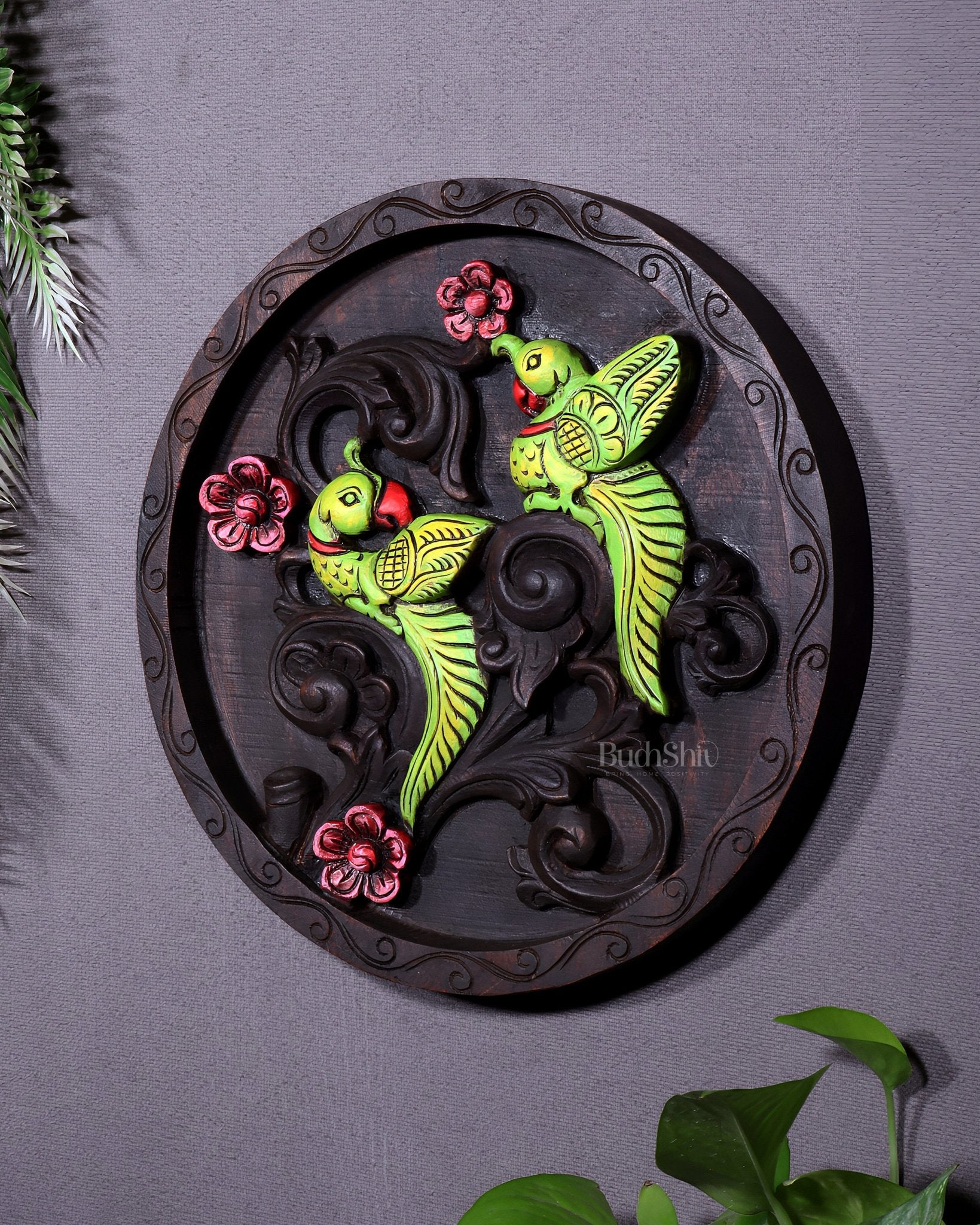Round Wooden Parrots Wall Hanging – Handcrafted Decorative Wall Art - Budhshiv.com