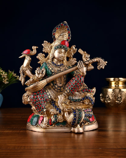 Saraswati brass idol 11 inch stonework - Budhshiv.com