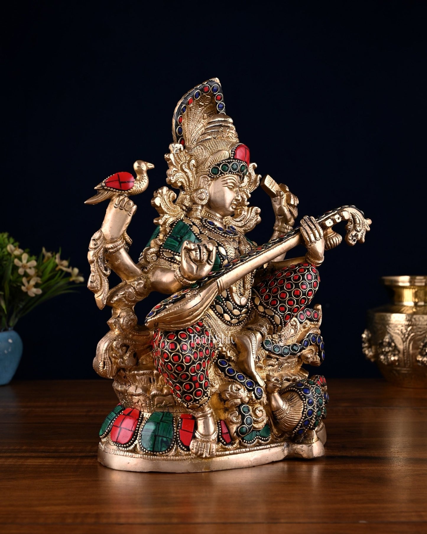 Saraswati brass idol 11 inch stonework - Budhshiv.com