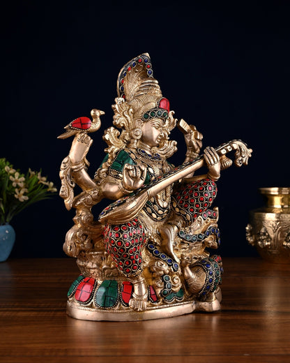Saraswati brass idol 11 inch stonework - Budhshiv.com