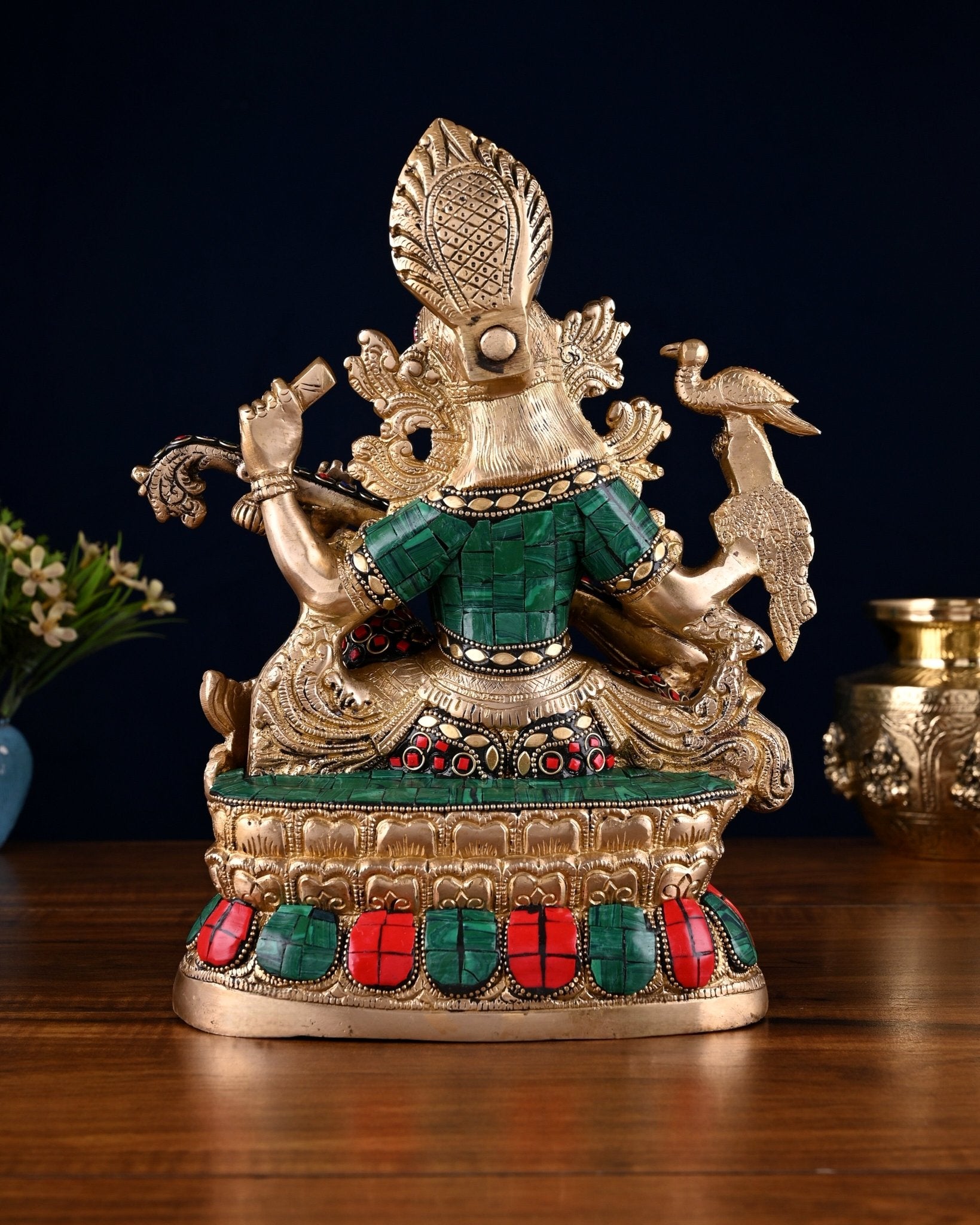 Saraswati brass idol 11 inch stonework - Budhshiv.com