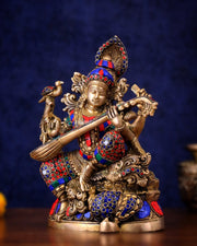 Saraswati brass idol 11 inch with Stonework - Budhshiv.com
