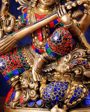 Saraswati brass idol 11 inch with Stonework - Budhshiv.com