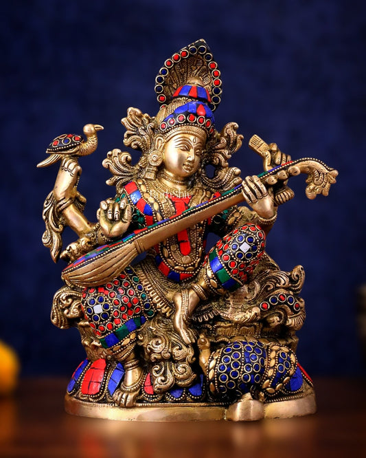 Saraswati brass idol 11 inch with Stonework - Budhshiv.com