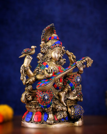 Saraswati brass idol 11 inch with Stonework - Budhshiv.com