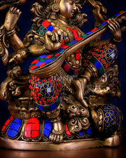 Saraswati brass idol 11 inch with Stonework - Budhshiv.com