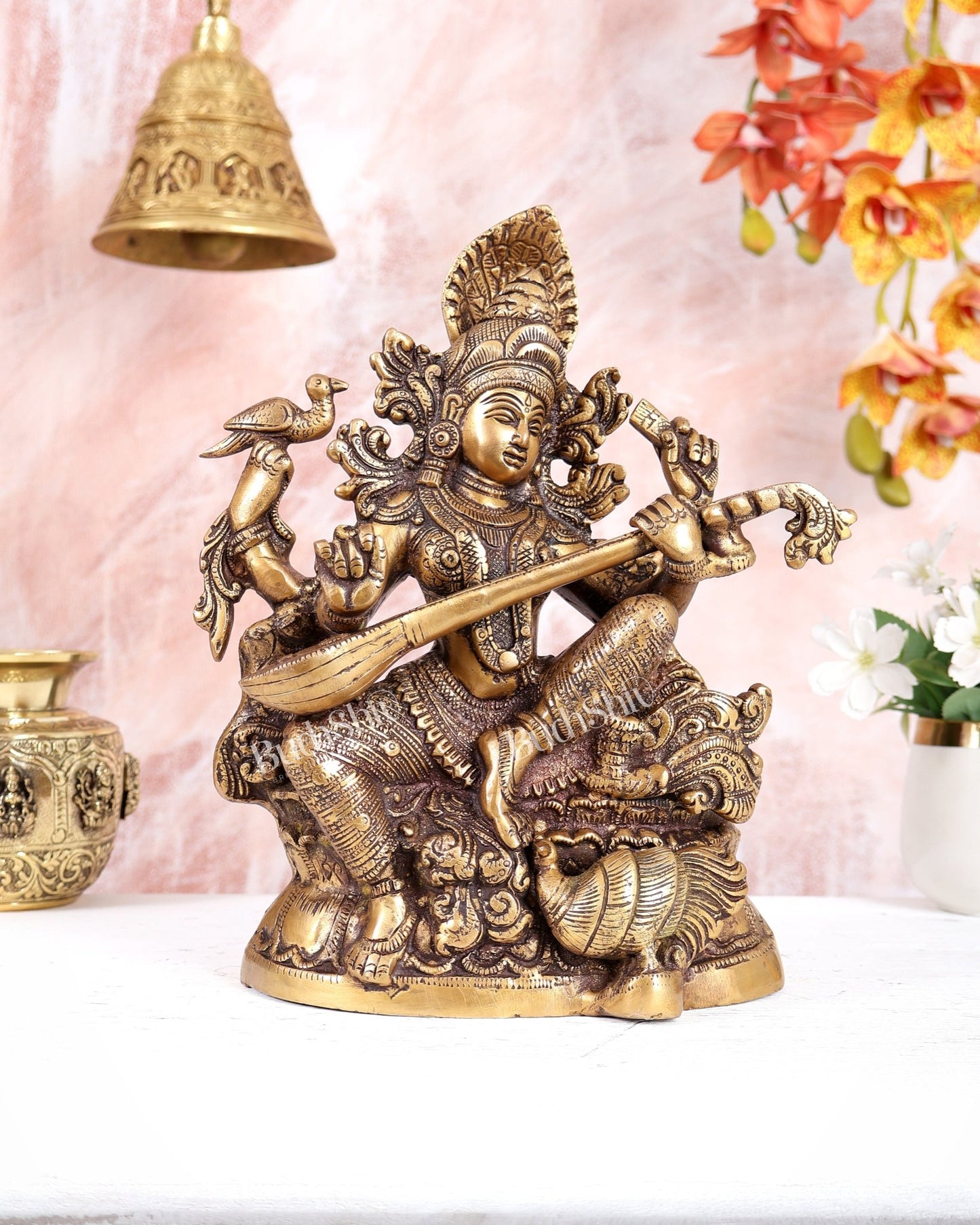Saraswati brass idol 11 inches burnt brass finish - Budhshiv.com