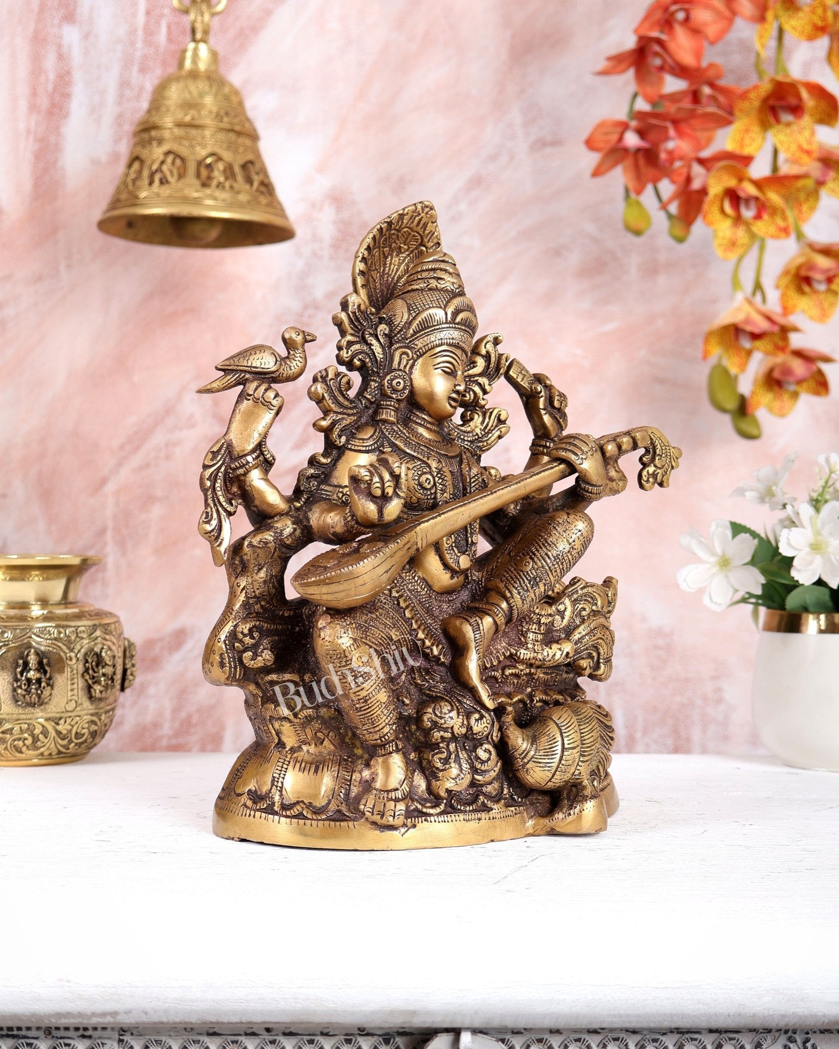 Saraswati brass idol 11 inches burnt brass finish - Budhshiv.com