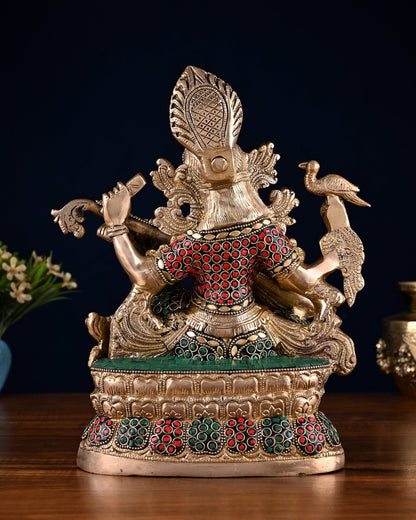 Saraswati brass idol 11 inches multi colour stonework - Budhshiv.com