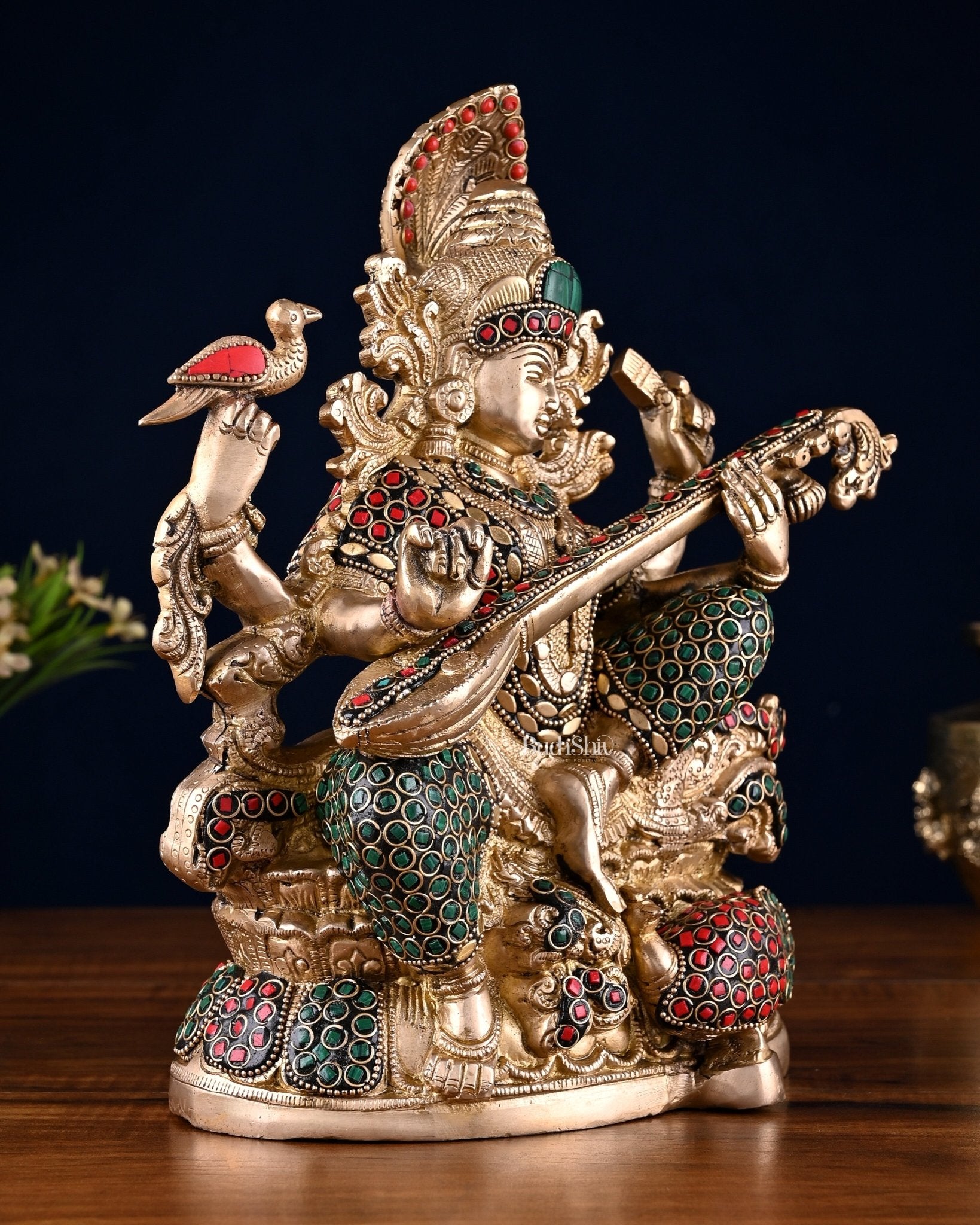 Saraswati brass idol 11 inches multi colour stonework - Budhshiv.com