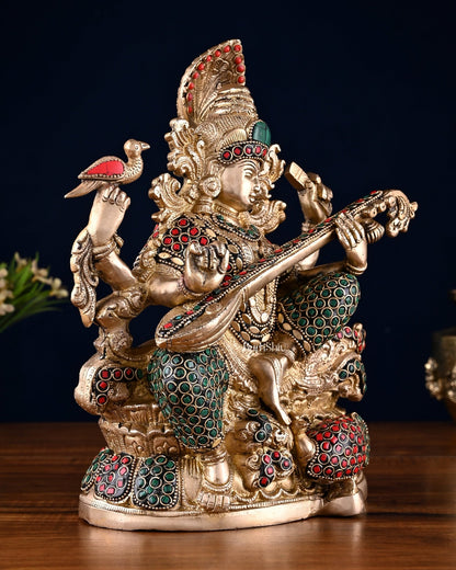 Saraswati brass idol 11 inches multi colour stonework - Budhshiv.com