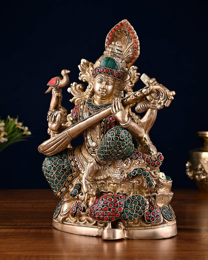 Saraswati brass idol 11 inches multi colour stonework - Budhshiv.com