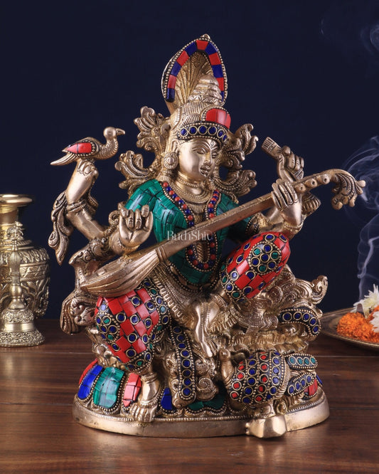 Saraswati brass idol 11 inches multi colour - Budhshiv.com