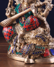 Saraswati brass idol 11 inches multi colour - Budhshiv.com