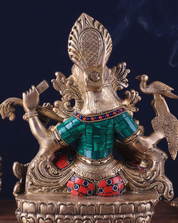 Saraswati brass idol 11 inches multi colour - Budhshiv.com