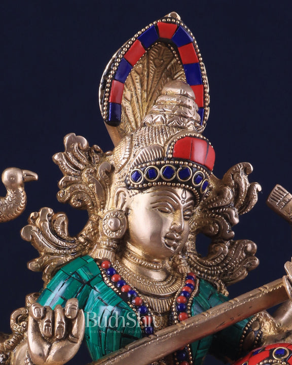 Saraswati brass idol 11 inches multi colour - Budhshiv.com