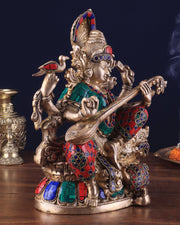 Saraswati brass idol 11 inches multi colour - Budhshiv.com