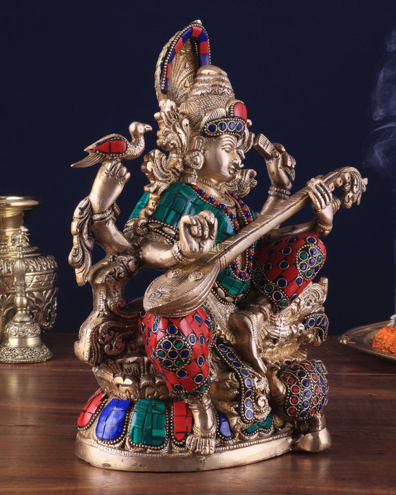 Saraswati brass idol 11 inches multi colour - Budhshiv.com