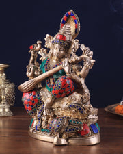Saraswati brass idol 11 inches multi colour - Budhshiv.com
