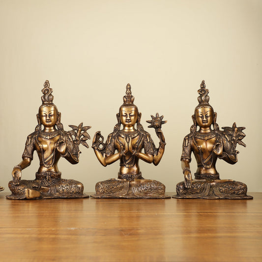 Set of 3 - White Tara, Green Tara and Chenrezig Brass Idols 10.5" - Budhshiv.com