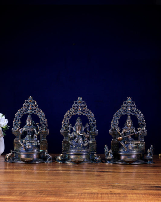 Set of Three – Ganesha, Lakshmi & Saraswati with Attached Diyas & Prabhavalis - Budhshiv.com