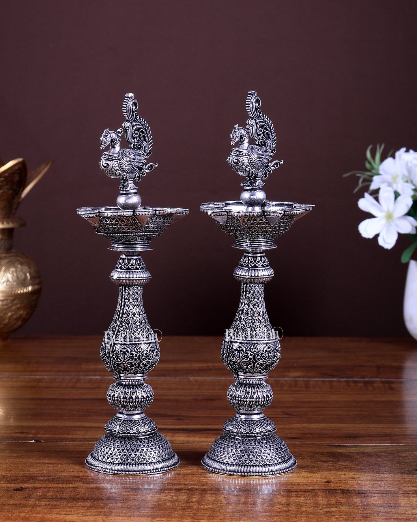 Silver plated Annam Design Peacock brass samai diya – Intricate Design 8 inch pair - Budhshiv.com