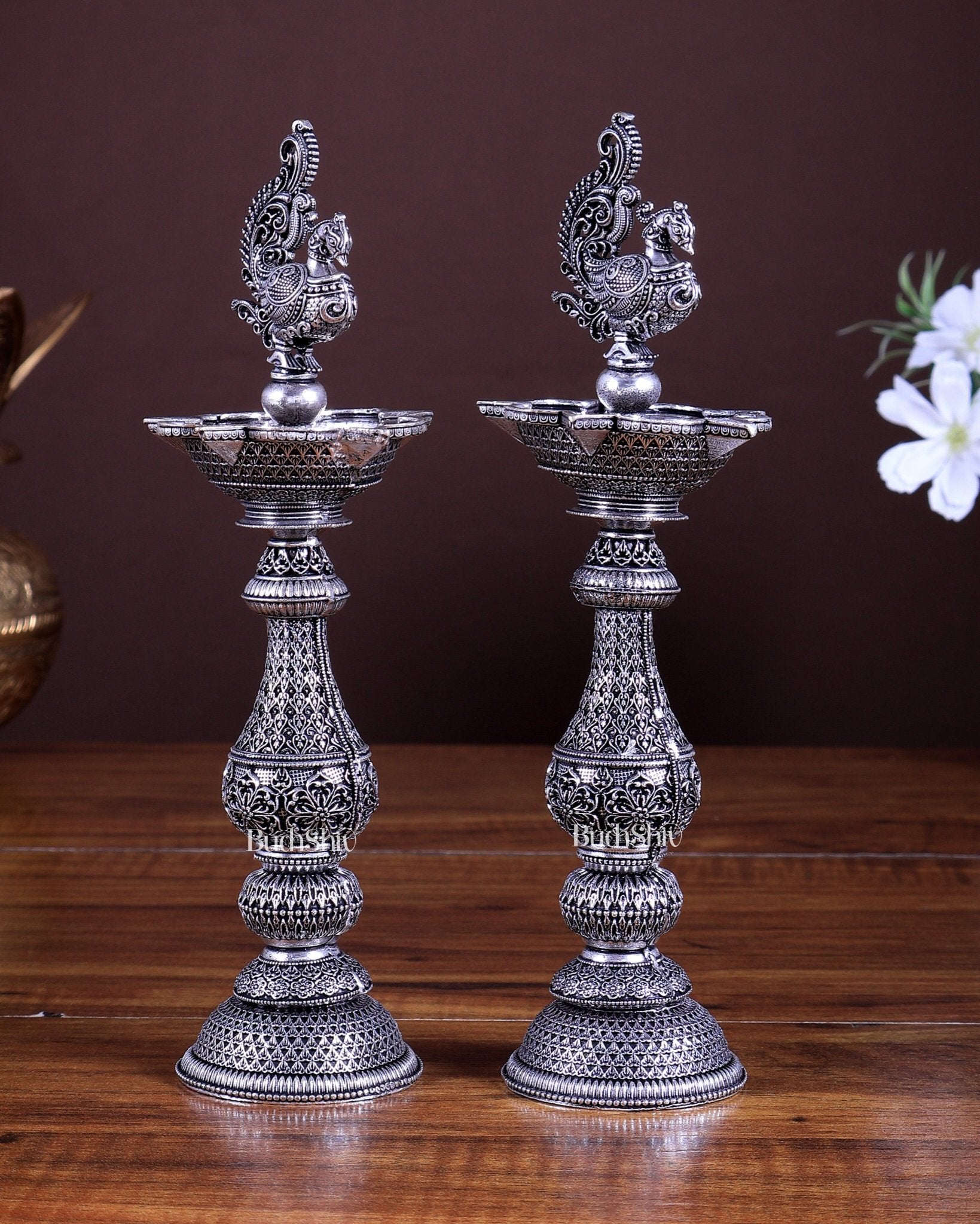 Silver plated Annam Design Peacock brass samai diya – Intricate Design 8 inch pair - Budhshiv.com
