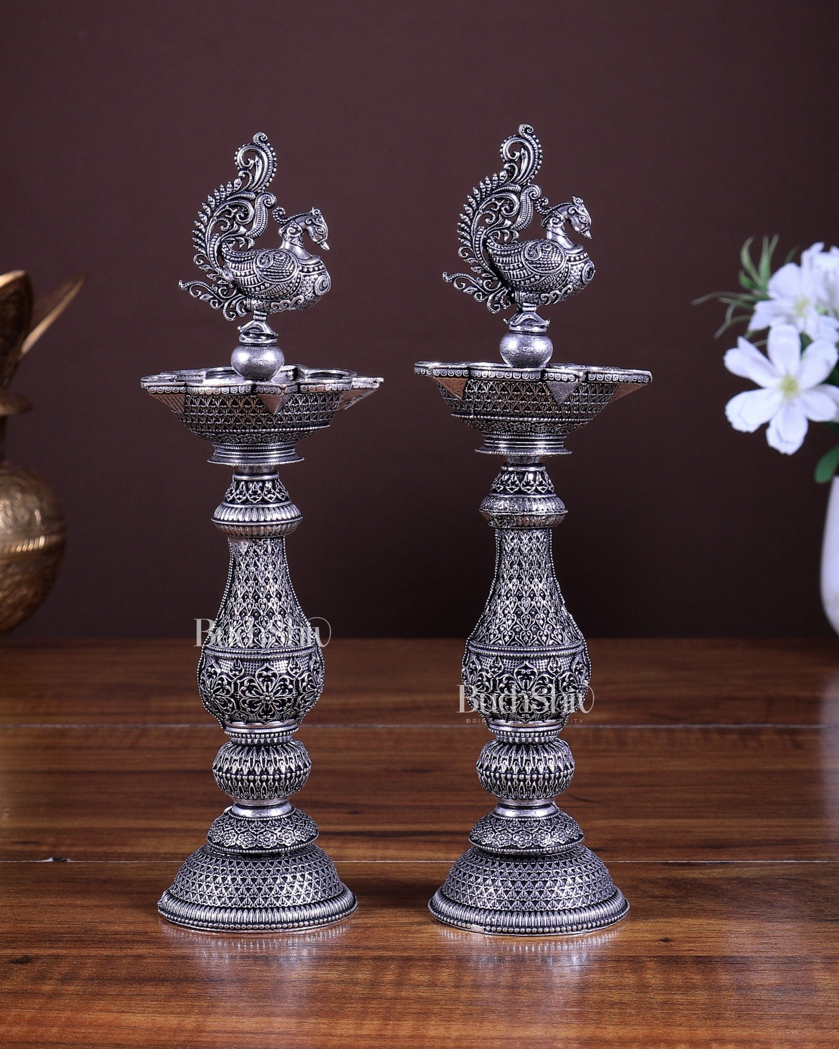 Silver plated Annam Design Peacock brass samai diya – Intricate Design 8 inch pair - Budhshiv.com