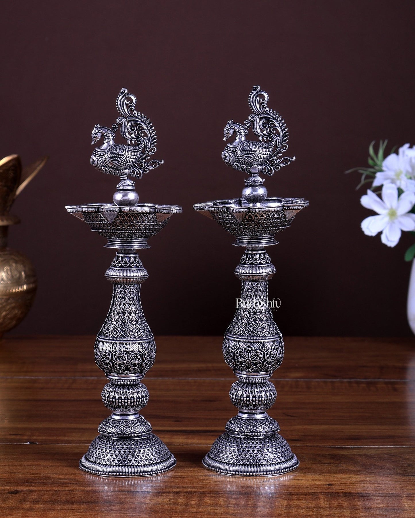Silver plated Annam Design Peacock brass samai diya – Intricate Design 8 inch pair - Budhshiv.com