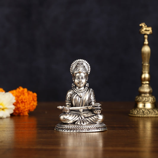 Silver Plated Brass Annapoorna Devi Idol - 3 Inch - Budhshiv.com