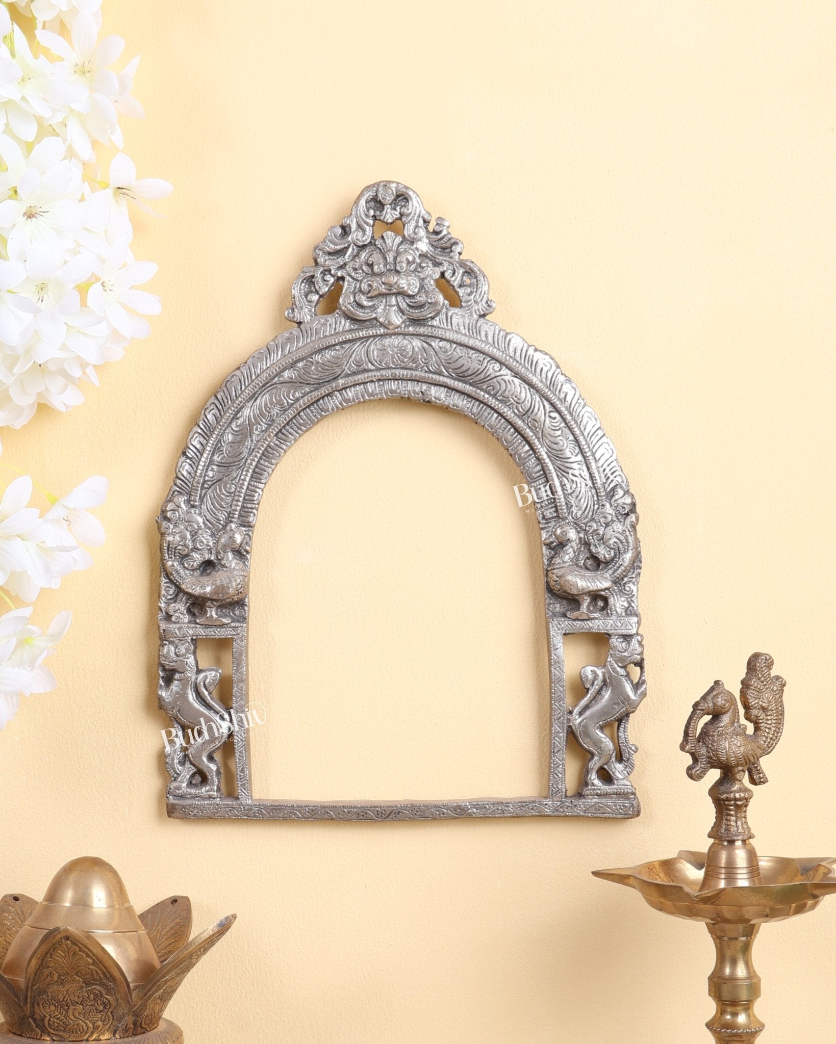 Silver Plated Brass Kirtimukh Prabhavali – 11 Inch Sacred Decorative Arch - Budhshiv.com