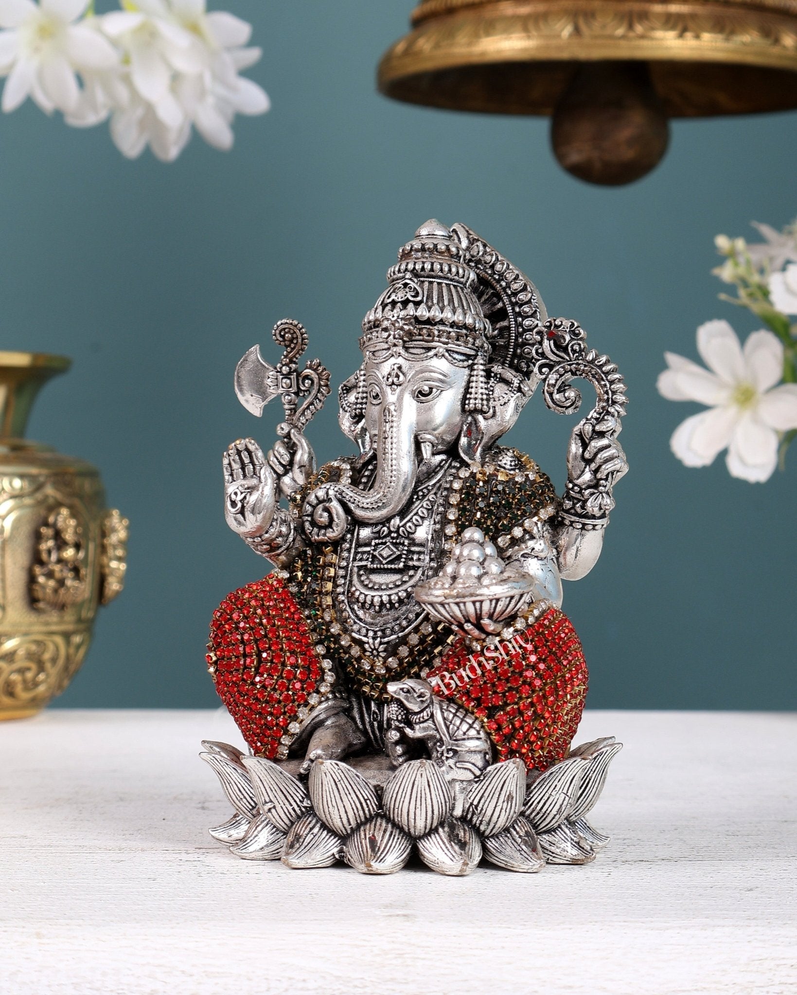 Silver plated Brass Superfine Ganesha Right trunk Idol - 5" Tall - Budhshiv.com