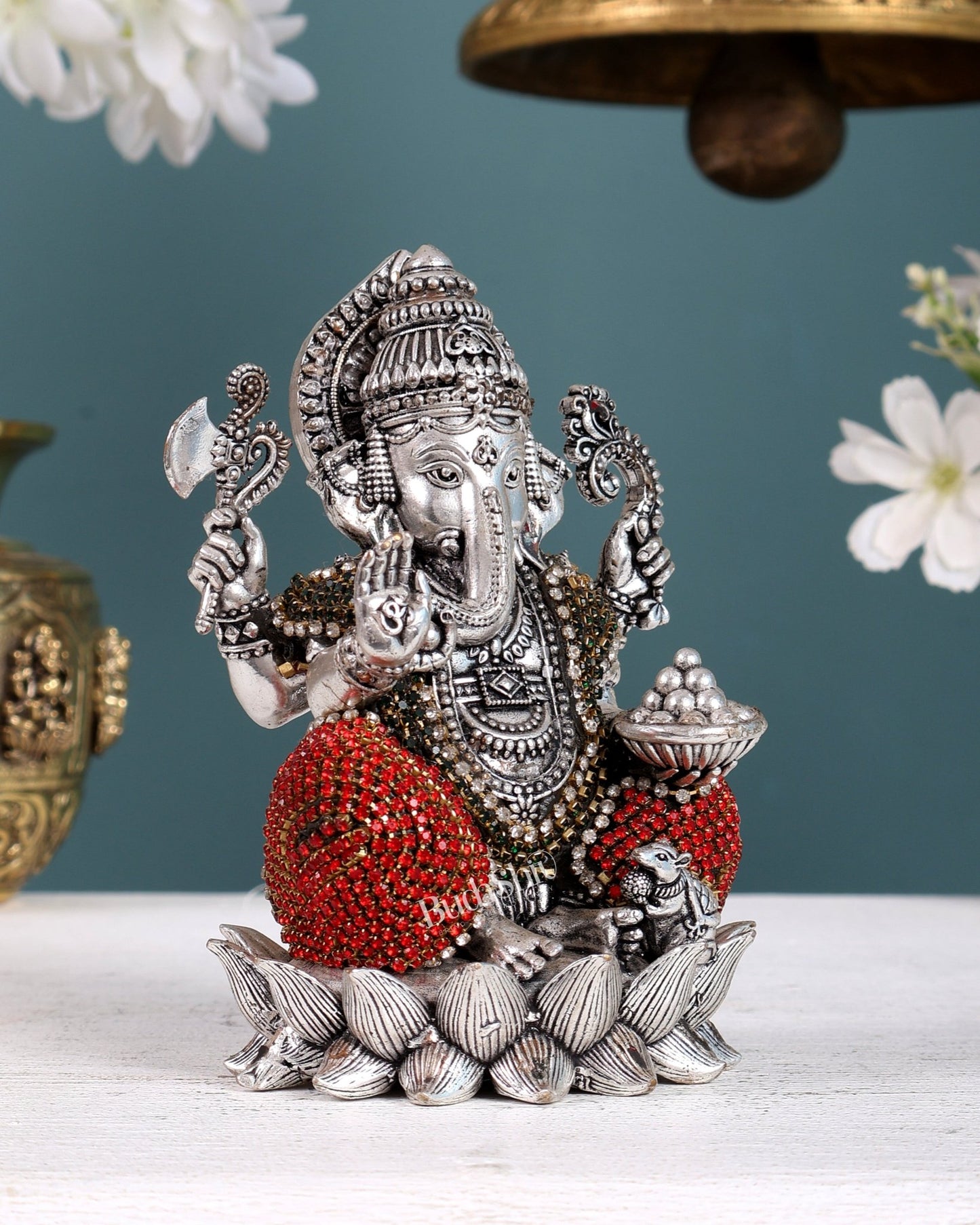 Silver plated Brass Superfine Ganesha Right trunk Idol - 5" Tall - Budhshiv.com