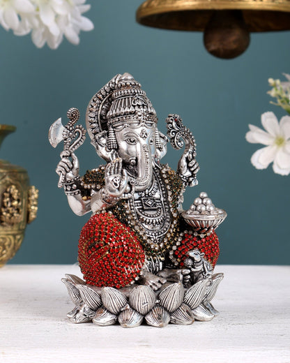 Silver plated Brass Superfine Ganesha Right trunk Idol - 5" Tall - Budhshiv.com
