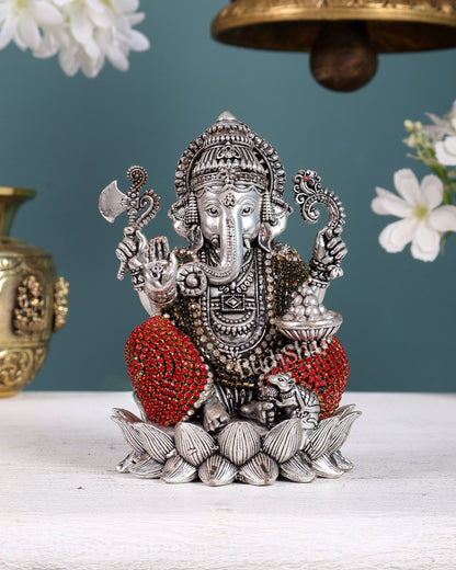 Silver plated Brass Superfine Ganesha Right trunk Idol - 5" Tall - Budhshiv.com