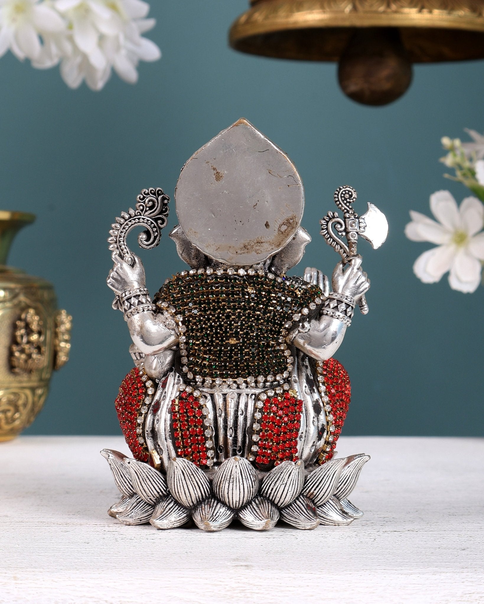 Silver plated Brass Superfine Ganesha Right trunk Idol - 5" Tall - Budhshiv.com