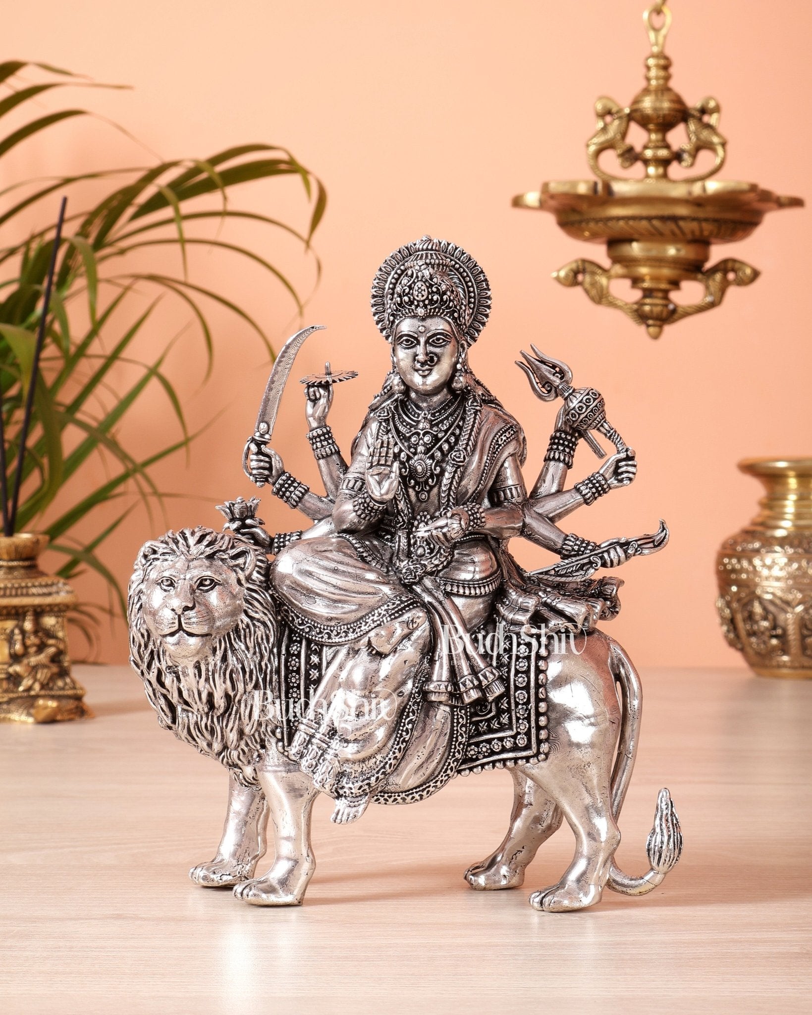 Silver plated Goddess Durga Ambe Mata Sitting on Lion - 8" Tall brass idol - Budhshiv.com